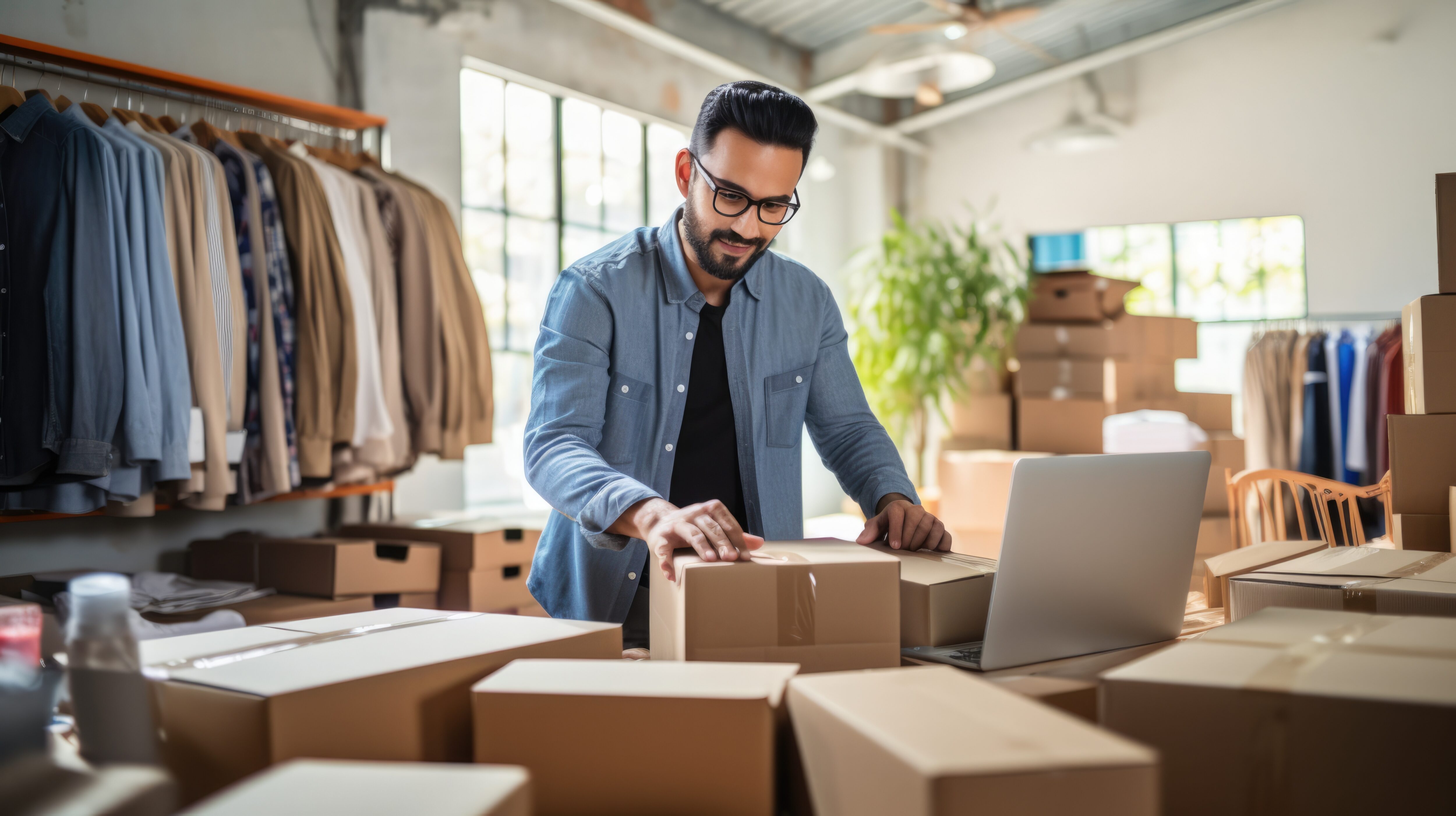 Man in a retail store packing boxes for a move.