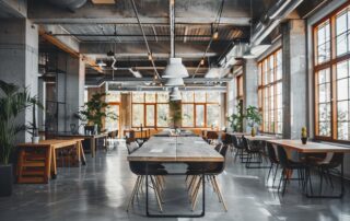 Interior of a modern cafe with wooden tables and chairs, selective focus