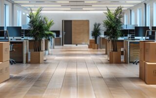 Office space filled with moving boxes during a corporate relocation