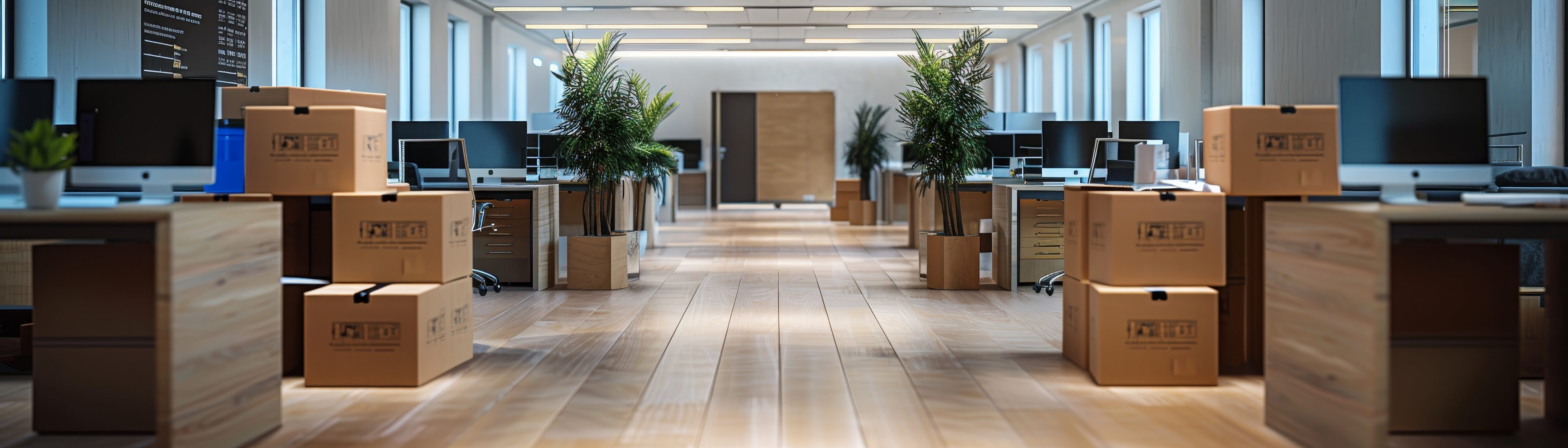 Office space filled with moving boxes during a corporate relocation