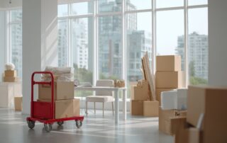 Sunlit office space with moving boxes and furniture