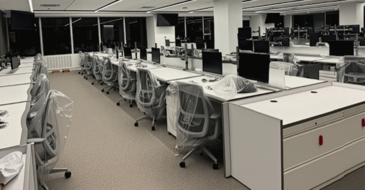 Office workspace with wrapped chairs prepared for business relocation
