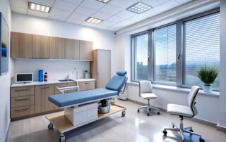 Modern medical examination room with professional equipment and natural light