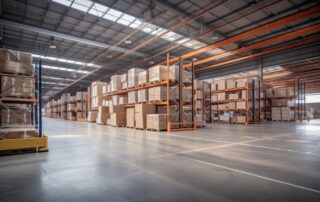 A large warehouse with numerous items. Rows of shelves with boxes.