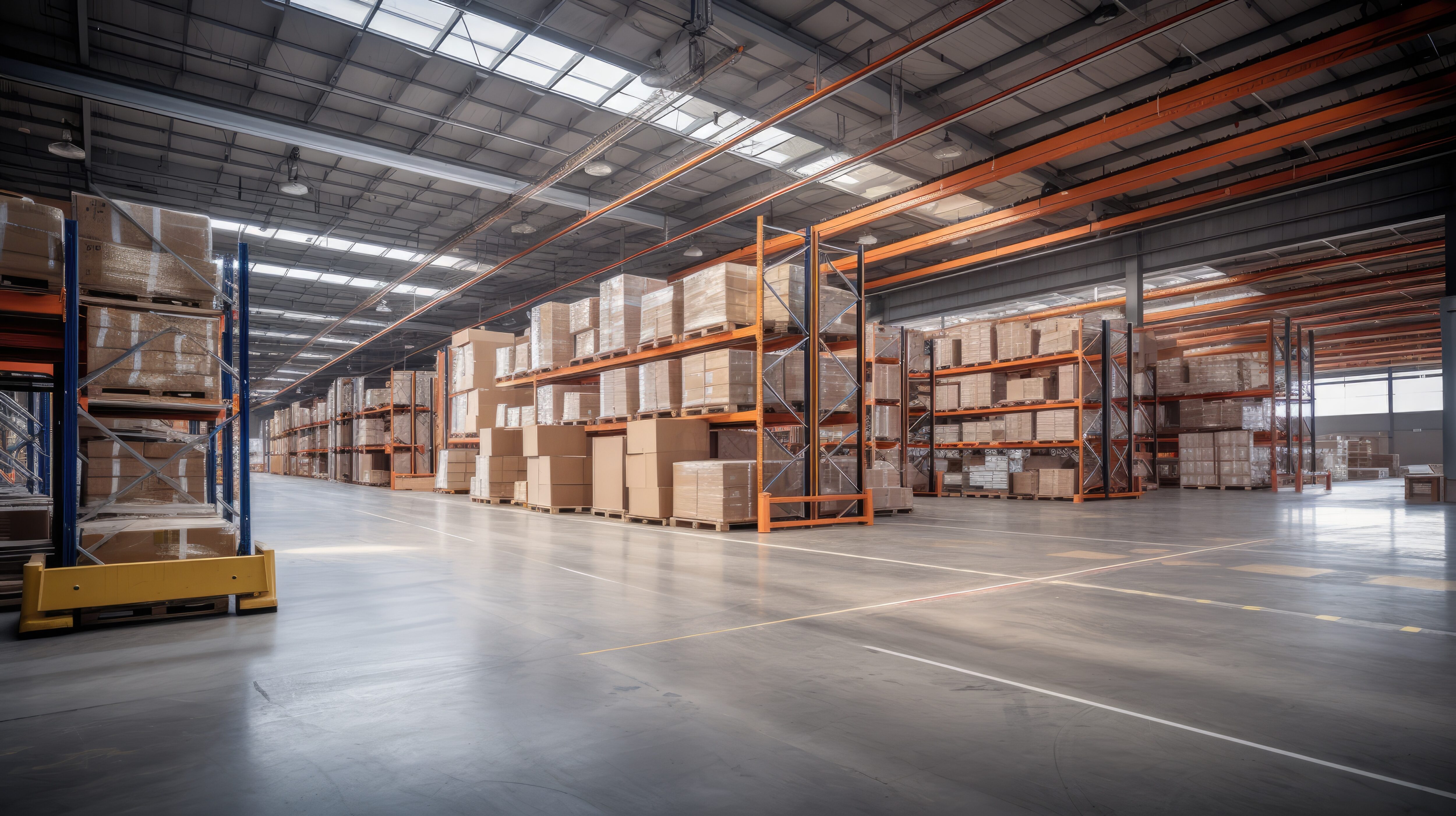 A large warehouse with numerous items. Rows of shelves with boxes.