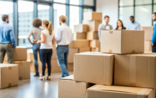 Moving into a modern office with team participation and carrying boxes