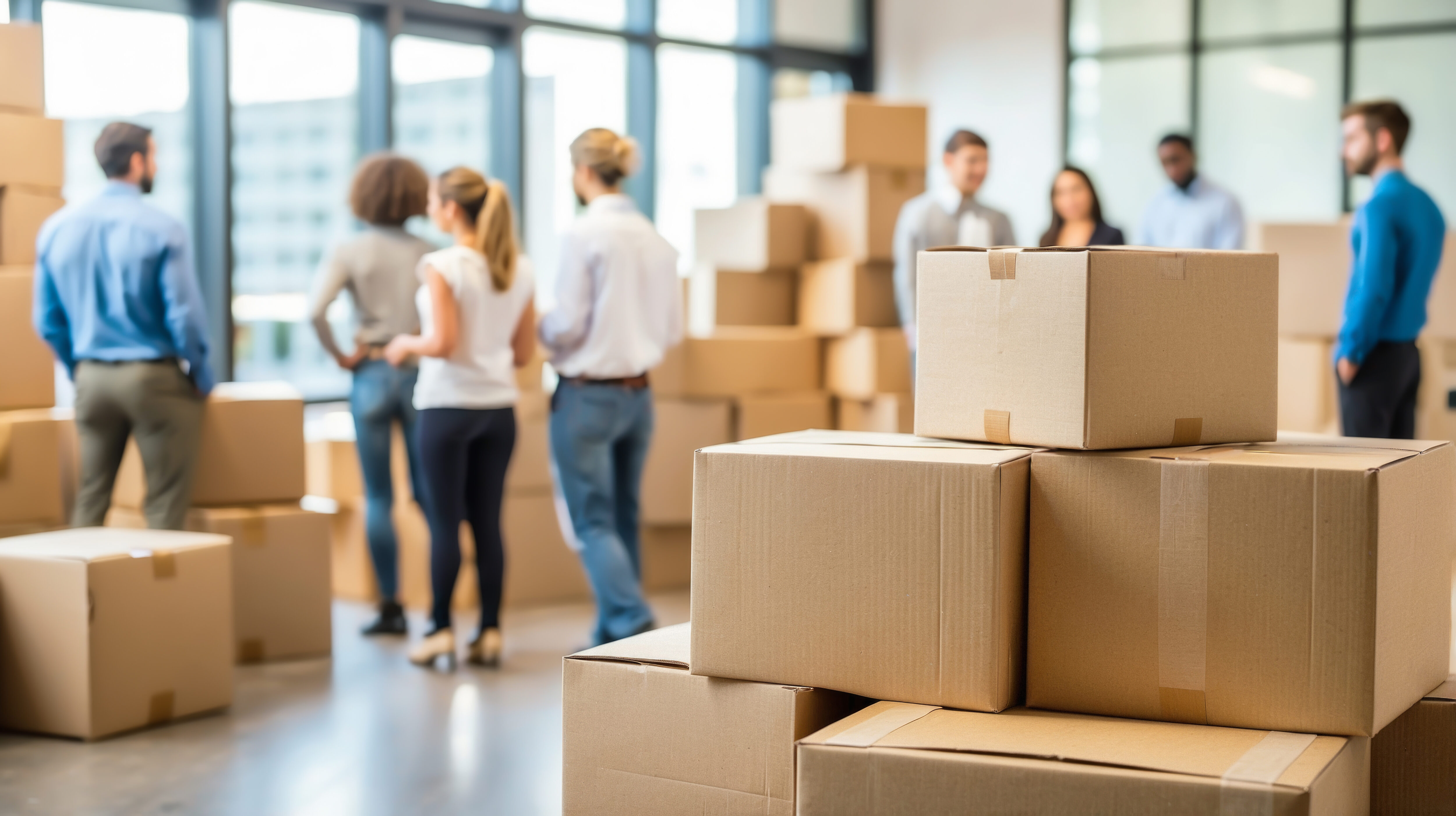 Moving into a modern office with team participation and carrying boxes