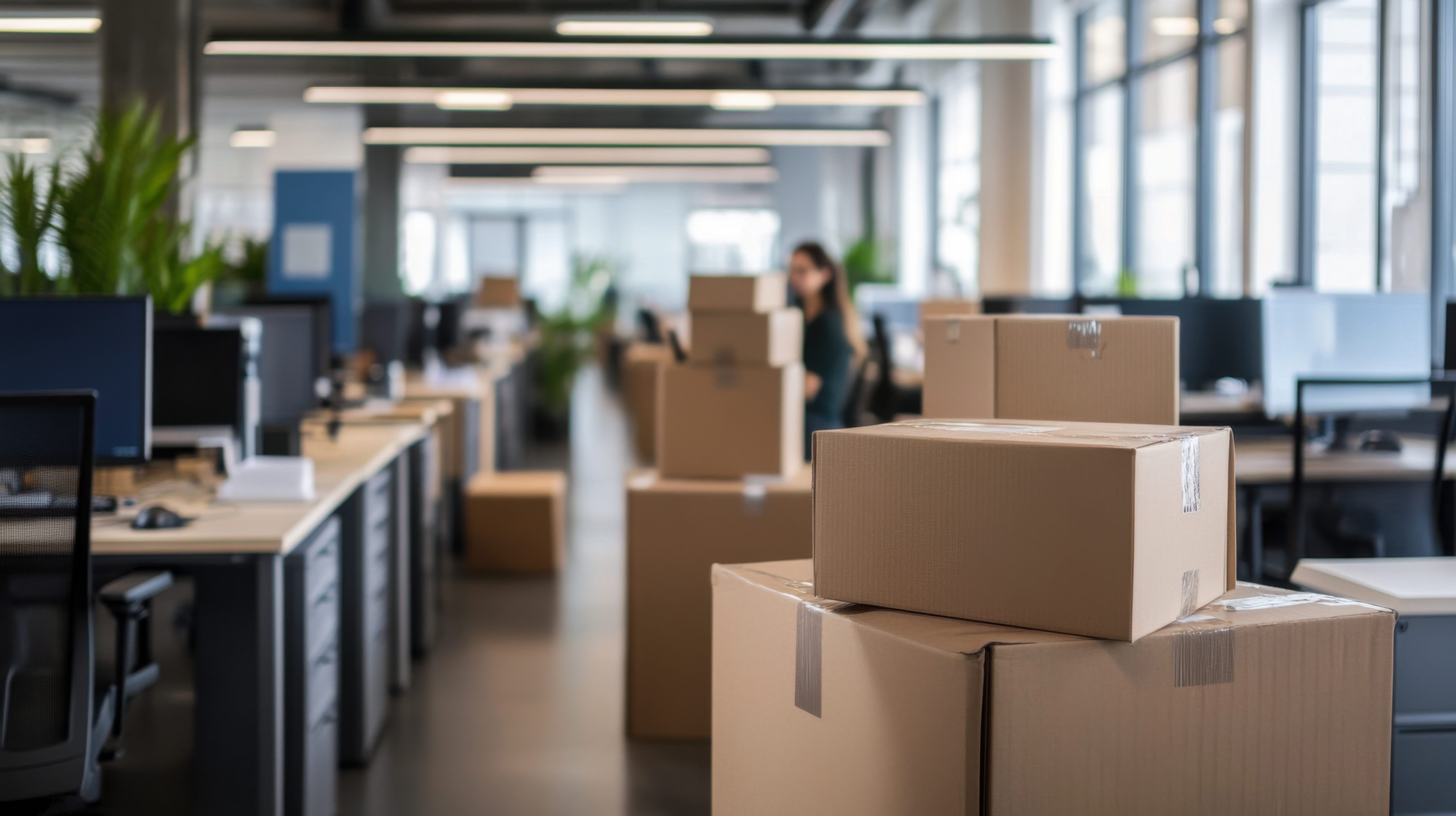 Cardboard boxes and office furniture in a bright, modern office space indicating moving or setting up a new workspace.