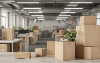 Big open plan office space with office furniture Packing cardboard boxes and cartons at the foreground. Moving in or out and relocation services.