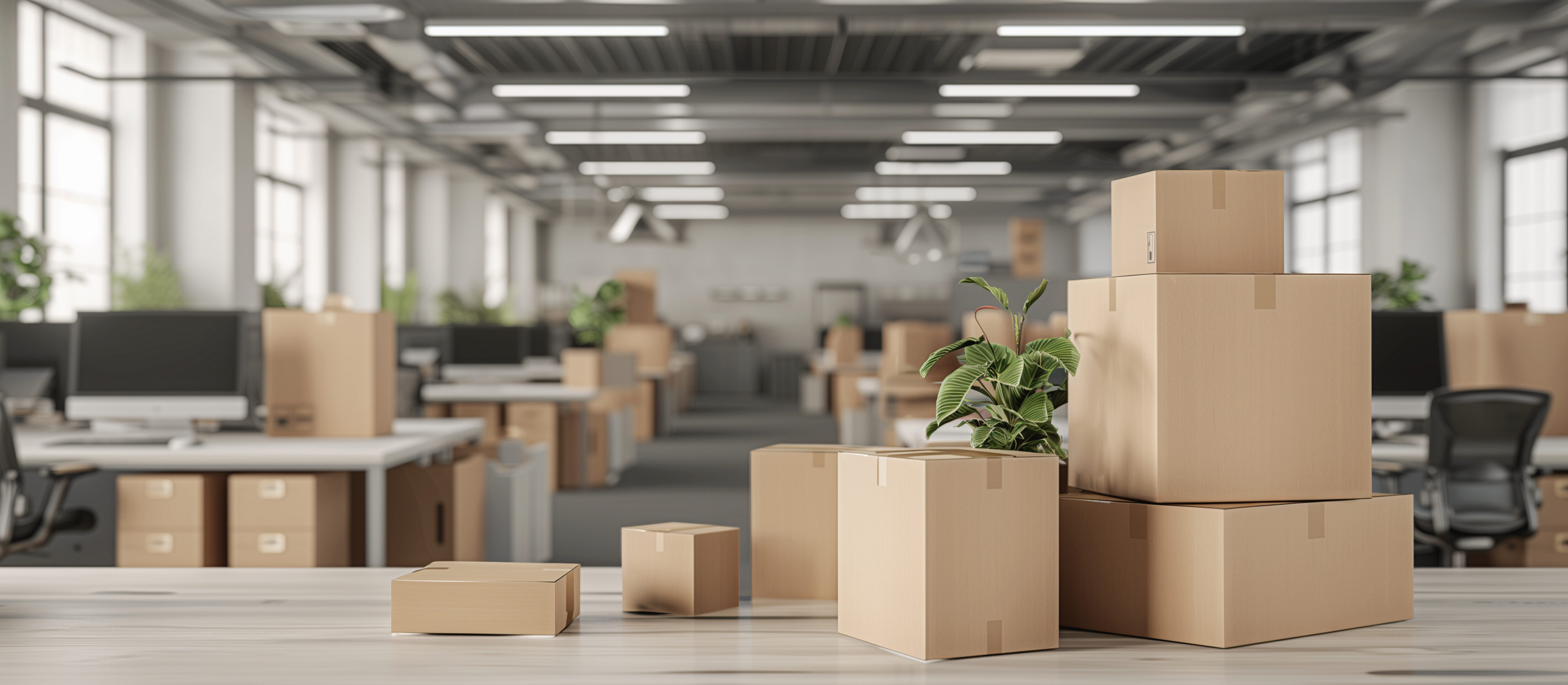 Big open plan office space with office furniture Packing cardboard boxes and cartons at the foreground. Moving in or out and relocation services.