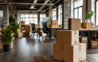 New Office with Cardboard Boxes, Packed Belongings, Moving and Storage Solutions