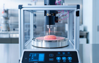 Precision dispensing of biomaterial using advanced laboratory equipment in sterile environment.