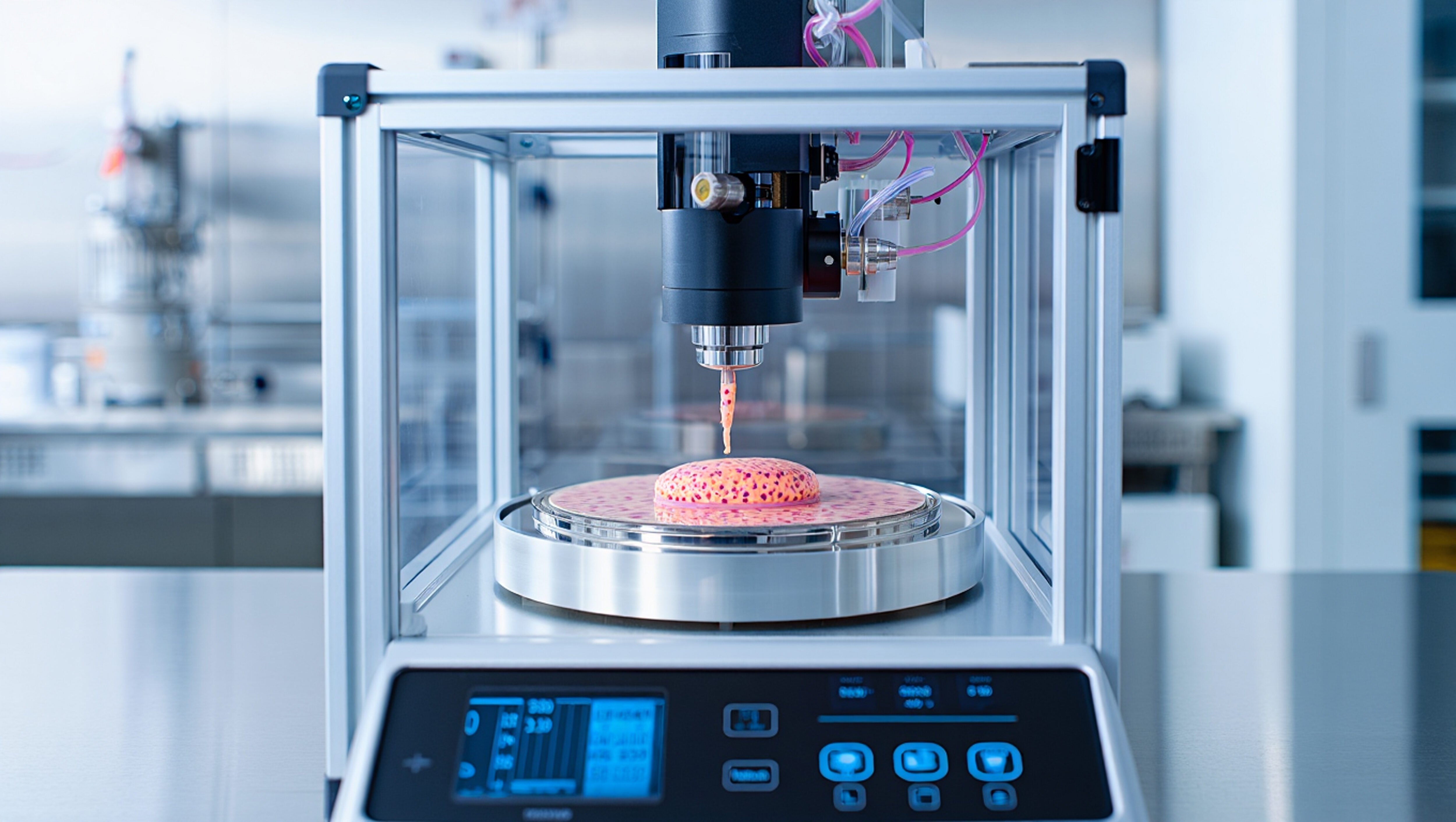 Precision dispensing of biomaterial using advanced laboratory equipment in sterile environment.