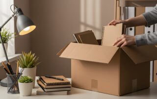 Employee putting plant and notebooks into box, preparing for relocation or leaving job. Office interior, cardboard box, packing, moving day, potted plant, notebooks, hands placing items