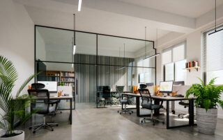Modern small office interior with white walls and concrete floors, 3d rendering