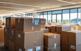 Office space filled with moving boxes during a corporate relocation