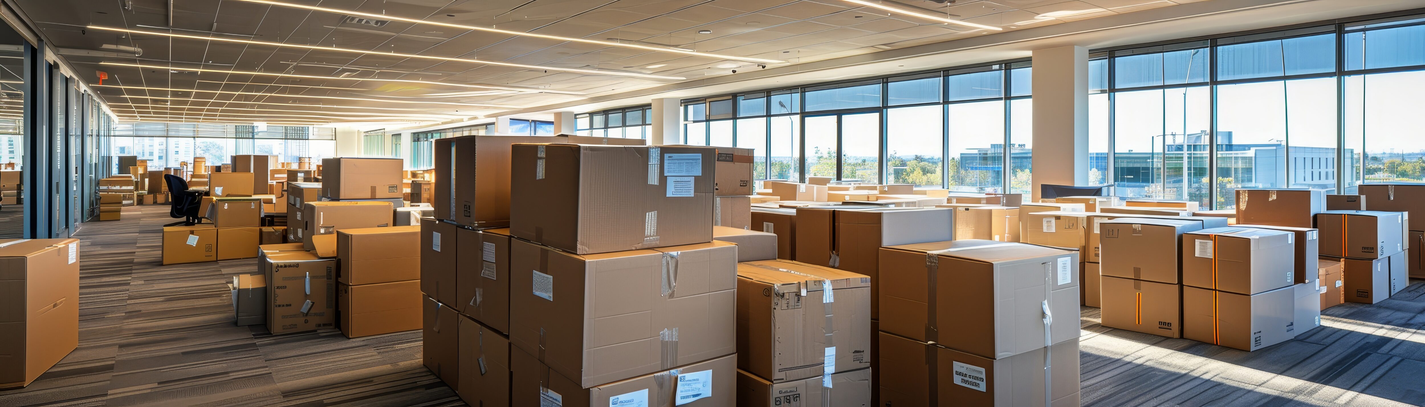 Office space filled with moving boxes during a corporate relocation