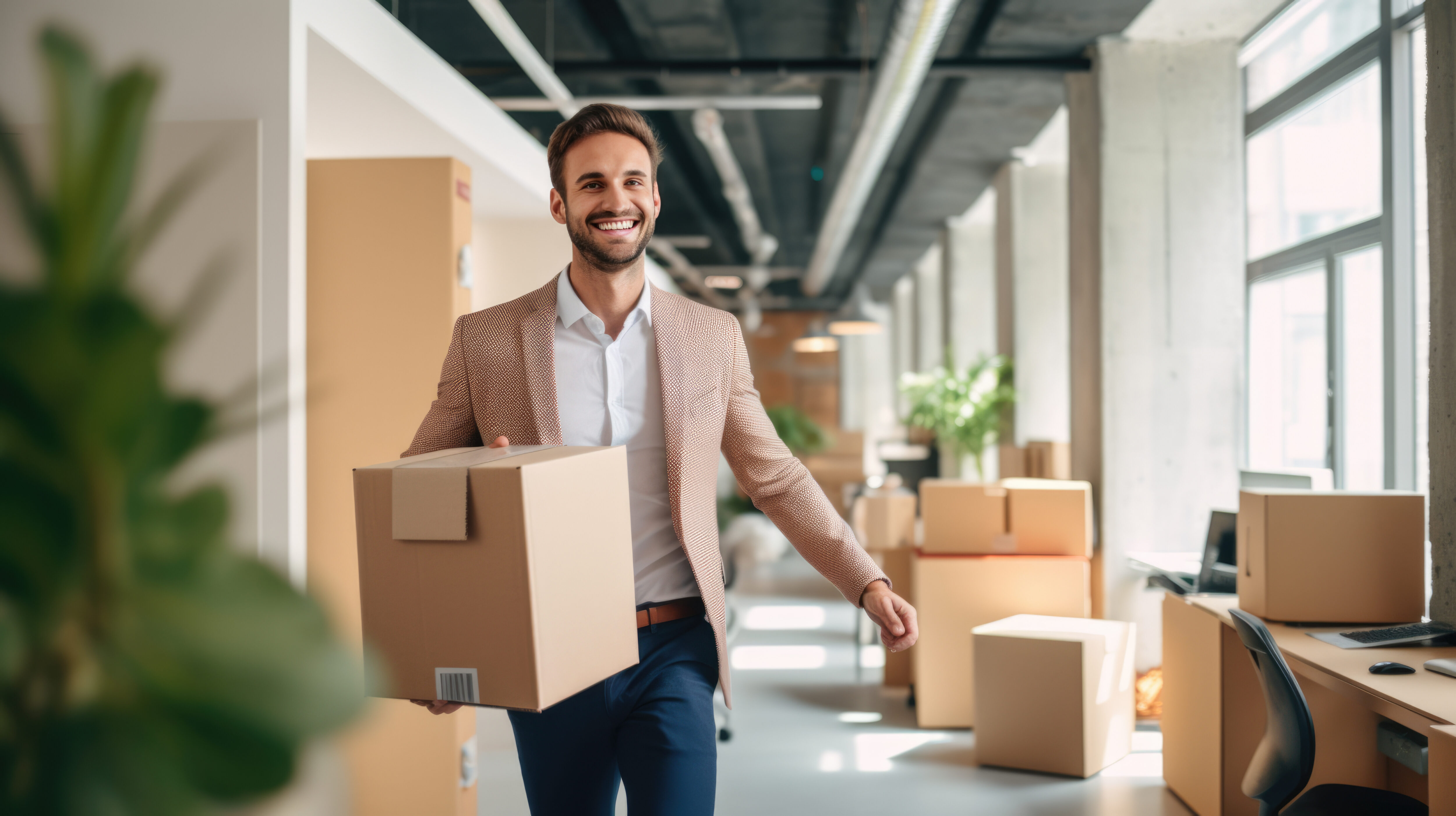 Businessman is moving to a new office. Holding a box of things in his hands.