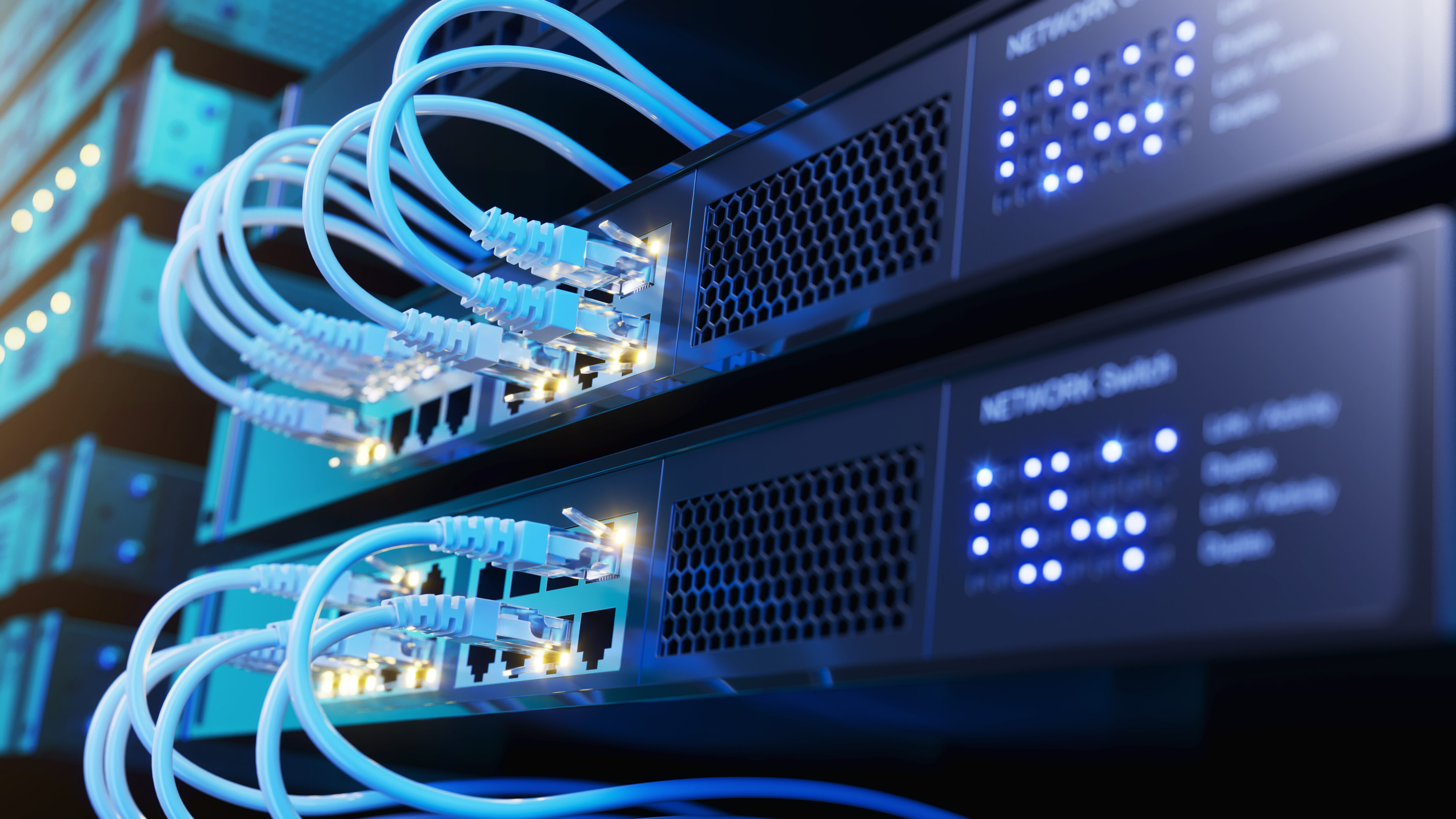 Network switch and network cables in modern server room